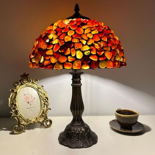 BOTOWI Tiffany Lampe, 12X12X19 Zoll Achat Bernstein Buntglas Lampe, Tiffany Stil Naturstein Tischlampe, Vintage Antik Schreibtisch Licht für Nachttisch Büro Wohnzimmer Lesen Nachtlicht,Rot