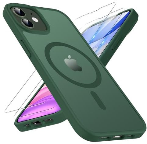 TQIAHF Magnetic Phone Case for iPhone 11 Case with 2 Tempered Glass Screen Protector Compatible with MagSafe Military Grade Shockproof Translucent Matte Cover Slim Phone Case for iPhone 11,Green
