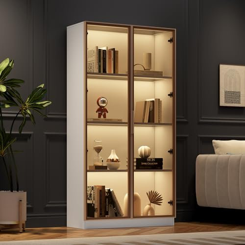 KAZZIO Weißglasvitrine mit 16-Farbiger LED-Beleuchtung, doppeltürige Vitrine mit beweglichen Einlegeböden, 80x40x160cm,Hochschrank für Wohnzimmer, Standvitrine,Badezimmerschrank (Weiß)