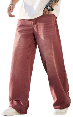 Zewool Mens Baggy Hip Hop Jeans Wide Leg Skater Jeans Casual Loose Fit Denim Pants Streetwear Straight Leg Relaxed Fit Y2k Classic Vintage Extreme Motion Skateboard Jogging Joggers,G10 Red,XL