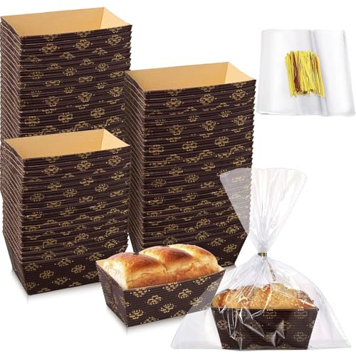 100 Pack Mini Loaf Cake Cases, Disposable Paper Loaf Pans with Bags & Ties | Clear Bags and Gold Ties for Mini Loaves, Cakes, Muffins, Brownies, Bakeries, Parties, Gifts and Home Baking, 8 x 4.5 x 4 cm