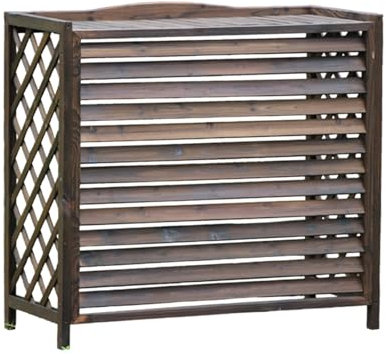 Protective Cover for Outdoor Air Conditioner Plant Planter Wooden Air Conditioner Rack Mesh Louvre Decorative Heat Dissipation High Temperature Carbonised Colour Easy to Install(110x85x50cm/43.3x33.5x