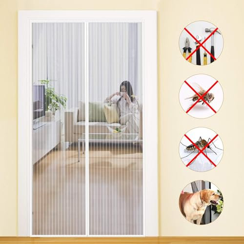 MYCARBON Fliegengitter Balkontür, Stärkere Magnet Insektenschutz Tür 140x210cm, Für Kellertür, Terrassentür, Wohnzimmer Ohne Bohren, Einfache Montage, Nicht Kürzbar, Weiß
