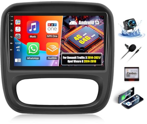 OiLiehu 4+64GB Android 13 2 DIN Carplay Android Auto para Renault Traffic 3 2014-2021/Opel Vivaro B 2014-2018 Pantalla Radio Coche 9 Pulgadas con Mirror Link Bluetooth FM RDS GPS WiFi EQ