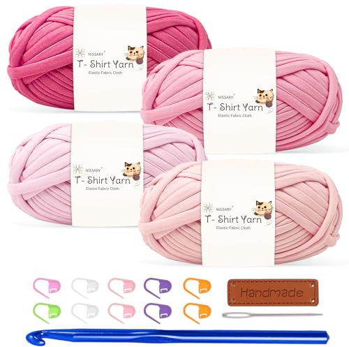 T Shirt Yarn for Crocheting 100gx4 Chunky Crochet Yarn Elastic Fabric Set with 10mm Hook and Accessories – Ideal for DIY Bags, Blankets, Baskets and Home Decor Projects (4-Pink)