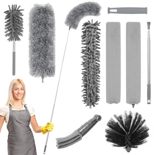 9 Piezas Plumero Telescopico Extensible, Longitud telescópica hasta 240 cm, Plumero Atrapapolvo Microfibra Lavable Reutilizable, Duster Limpieza Ventiladores Techo Alto, Telarañas, Persianas