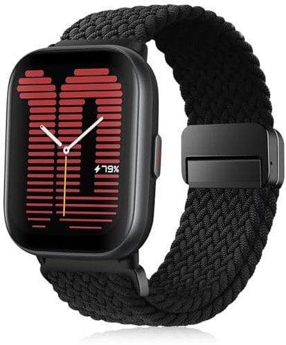 RUIMAYA Braided Watch Strap Compatible with Amazfit Active/2/GTS 4/3/2 Mini/Bip/GTR 42mm/Pop, Soft and Breathable Adjustable Nylon Band 20mm Sports Strap, Black