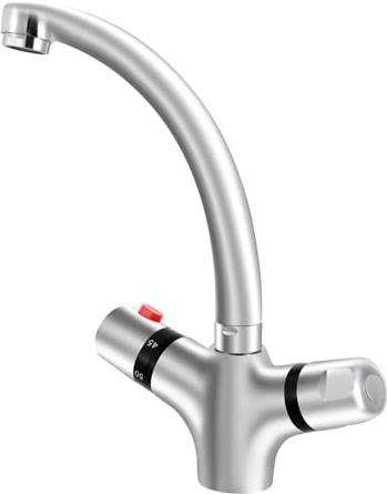 Waschtischhahn, Waschbecken Armatur mit Zweigriff Drehknopf, Temperatur einstellbar 20-50 ℃, 360°-Drehung Waschtisch Thermostat Küchenarmatur für Bad, Toilette