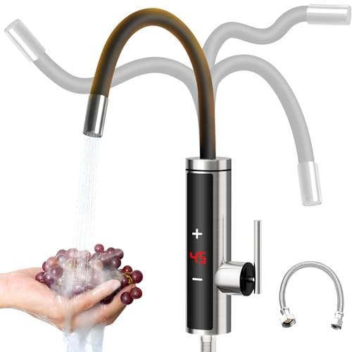 Wasserhahn mit Durchlauferhitzer, Thermostat Warmwasserhahn, 3000W Edelstahl Durchlauferhitzer Wasserhahn mit LED Temperaturregelung, Genaue Temperaturkontrolle, 360º Drehbarer Silikonschlauchhahn,