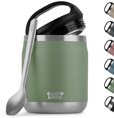 Campo Libre.® Thermobehälter für Essen, Edelstahl Thermobecher Essen mit Löffel, Warmhaltebehälter Essen, Mueslicup oder Babybrei Warmhaltebox, Thermo-Essensbehälter, Moss Green, 600ml