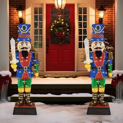 GOPLUS 184 CM Nutcracker Casse Noisette Noel Lumineux avec Épée, Décoration Noel Exterieure avec 110 Lumières LED, Câbles de Serrage et Piquets de Sol, Intérieures (2*Casse-Noisette Sceptre)