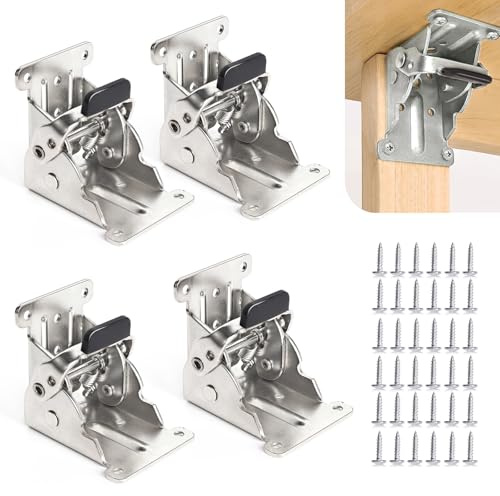 4 Pack Locking Hinges for Folding Leg Brackets, 90 Degree Heavy Duty Folding Brackets, Self Locking Folding Hinge for Table Leg Furniture (Silver)