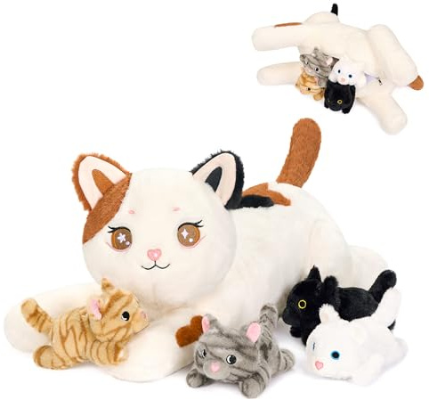 shownicer Plüschtier Katzen Kuscheltier Set 5 Stück Stofftier Kawaii Katze Plüsch Kissen Spielzeug Geschenk für Kinder Mädchen (Calico Katze Familie)