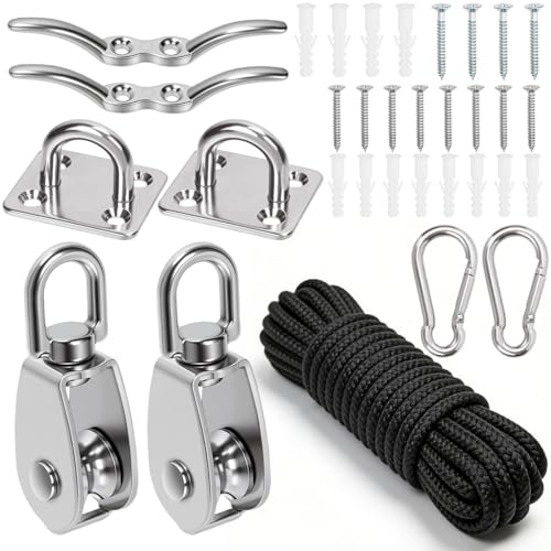 Rustark 33Pcs M15 304 Stainless Steel Pulley System Set Block and Tackle Pulley System with Eye Pad Plate, Cleat Hooks, Nylon Rope and Snap Hooks for Lifting DIY Projects