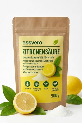 Essvero Zitronensäure E330 Lebensmittelqualität 900g – 100% Reine Zitronensäure, Vielseitig für Haushalt, Kosmetik & Lebensmittel – Ideal zum Entkalken von Wasserkocher, Kaffeemaschine & Waschmaschine