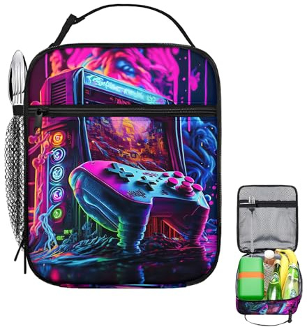 Laicaii Game Boys Lunch Box, Insulated Kids Lunch Bag with Bottle Holder, Waterproof Oxford Cloth Lunch Box for Boys, Portable Reusable Lunchbag for School Travel Picnic Hiking Beach (Game)