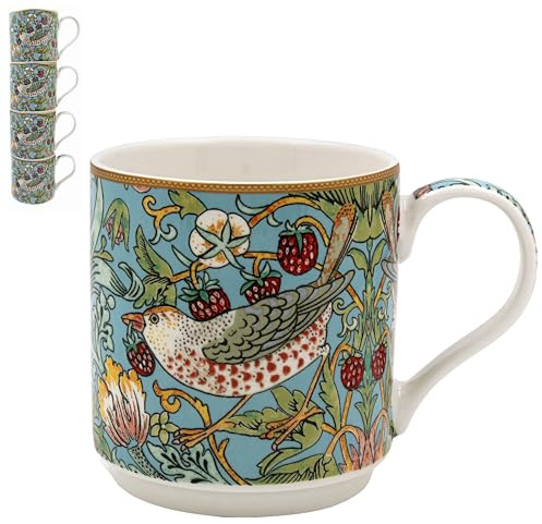 The Leonardo Collection William Morris Erdbeerdieb, stapelbare Tassen, 300 ml, für Kaffee, Tee und heiße Getränke, feines Porzellan, Kaffeetassen für den täglichen Gebrauch, praktisches Trinkgeschirr