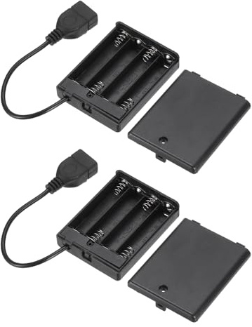 sourcing map 2Pcs AAA Battery Holder, 4 Slots 1.5V Portable USB Battery Pack Storage Box with Cover Switch and USB Cable for LED Lights Indoor Outdoor Use, Black