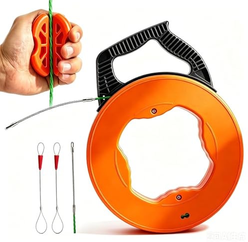 Sonda Passacavi 50m, 4,5mm, Spirale con Testa Rotante 360°, Custodia in Plastica, Impugnatura, Molla per Tubi Vuoti, Cavo, Ausilio per Fibra Ottica e Impianti Elettrici
