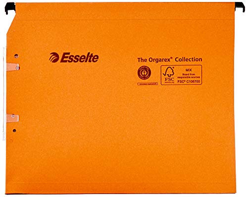 Esselte Dual - Dossiers Suspendus A4 Latéraux, Capacité 200 Feuilles, Fond 15 mm, Entraxe 330 mm, Porte-Étiquette Intégré, Lot de 25, Orange, 21628