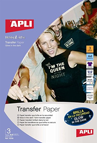 APLI 10248 - 3 Feuilles de Papier Transfert A4 Brillant dans l'obscurité - Fluor - Compatible avec les imprimantes Ink Jet