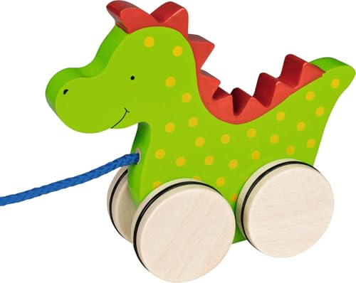 goki 54954 Ziehtier Drache Saro aus Holz, Nachzieh-Spielzeug mit Tiermotiv, Lernspielzeug inklusive Schnur, Babyspielzeug fördert Koordination und Motorik, 15cm x 5cm x 12cm, ab 1 Jahr