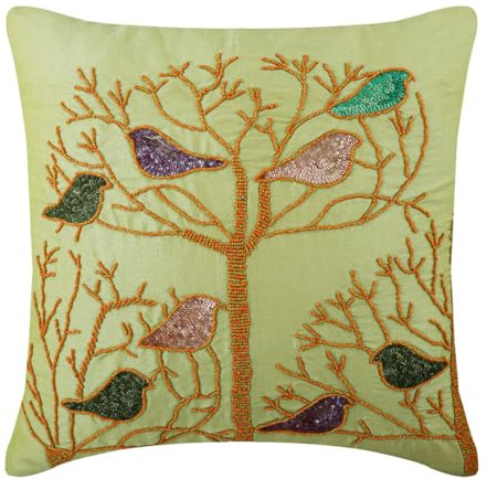The HomeCentric Verde Lime 50x50 cm Art Silk Federa, Piccione, Paillettes Impreziosito Verde Seta Federa x Divano, Moderno Uccelli Cuscino Home Decor - Pigeon Love