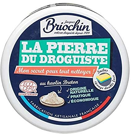 Jacques Briochin Nouvelle Pierre du Droguiste Parfum Eucalyptus - Lot x2 Pierre d'Argile en Pot 300 g avec Éponge - À Base de Kaolin Breton et Savon Liquide de Marseille - Ecocert, Fabriqué en France