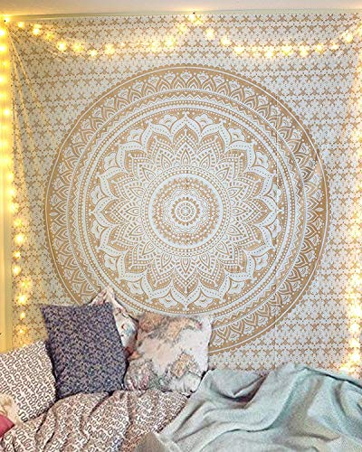 Goldener Mandala-Wandteppich, Wandbehang, Bohemian-Ombre-Kunst, Hippie-Schlafzimmer und Wohnzimmer, Boho-Dekor, Baumwoll-Wandteppiche, Doppelbett, 213,4 x 137,2 cm