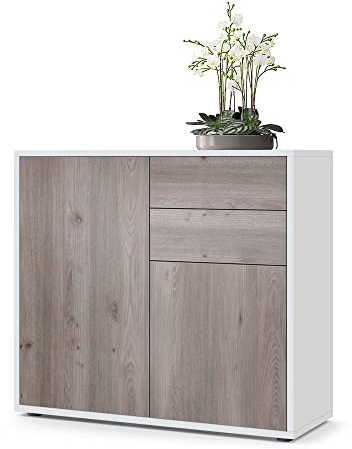 Vladon Sideboard Ben, Made in Germany, Kommode mit 2 Türen und 2 Schubladen, Weiß matt/Eiche Nordic (79 x 74 x 36 cm)