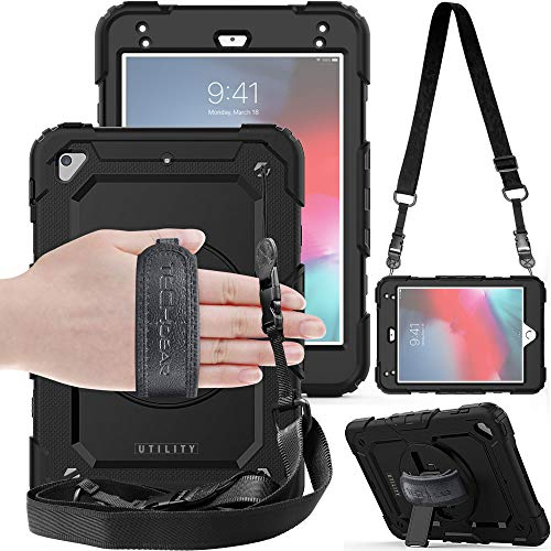 TECHGEAR Utility Coque pour iPad Mini 5ème Gén 2019 / iPad Mini 4 - Coque Rigide, Très Haute Protection Anti-Choc avec Support Pivotant 360 Degrés, Bandoulière Épaule et Prise Main - Noir