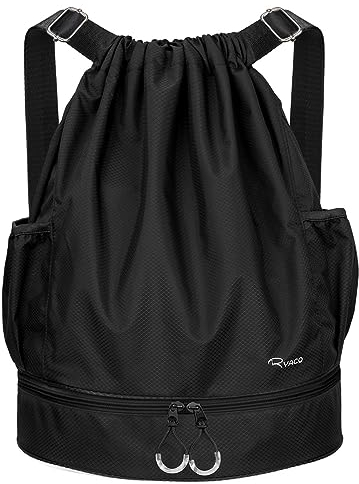 RYACO Drawstring Backpack Sports Gym Bag, Water Resistant String Sackpack Large Size with Zipper and Water Bottle Mesh Pockets for Gym Shopping Sport Yoga School Swimming Beach