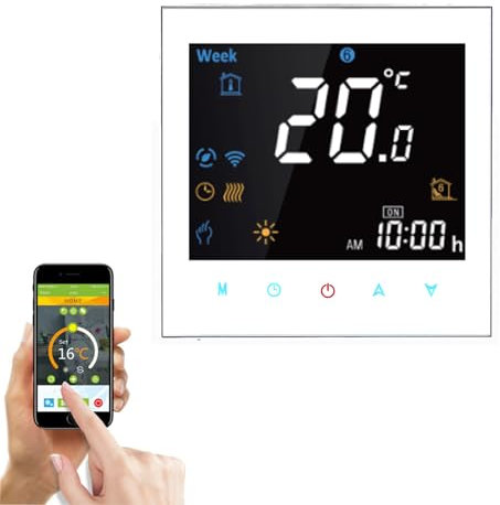 Qiumi Smart WiFi Thermostat Temperaturregler für Fußbodenheizung elektrisch Arbeiten mit Alexa Google Home Weiße Tafel, weiße Schrift(Einstellbare Helligkeit) 16A 95~240V AC
