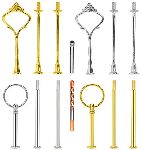 Zasvec Etageren Stange 4 Sets Etagere Stangen Silber und Gold Metall Etageren-Bausatz Etageren Stangen Set Metallstangen Tortenständer Set 2/3 Stöckig Krone und Round mit Bohrer für Hochzeits
