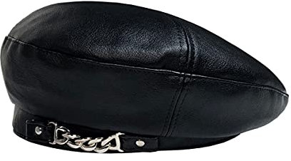 Teanea Fashion Soft PU Leder Baskenmütze Beanie mit Kette Fashion Military Baskenmütze für Damen, schwarz, 6 7/8/7 1/8