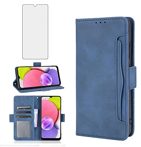 Asuwish Handyhülle für Samsung Galaxy A03s Hülle mit Glas Folie Schutzfolie Kartenfach Klappbar Leder Geldbörse Ständer Panzerfolie Handyhüllen A 03s AO3s Handy Hüllen Schutzhülle Phone Case Blau