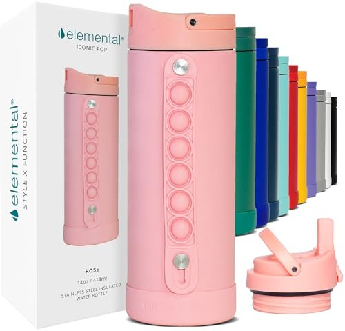 Elemental Iconic Pop Kids Water Bottles with Pop Strap - Triple Wall Leakproof Insulated Stainless Steel Water Bottle - Dishwasher Safe and BPA Free Water Bottle with Straw - Rose - 414 ml