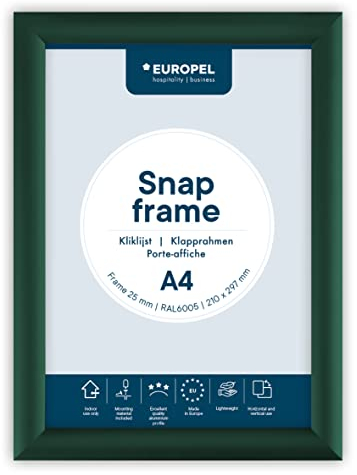 Europel leichter Klapprahmen DIN A4, Farbe Grün, Easy-Click System, Profil 25x11 mm, eloxiertes Aluminium und blendfreie Schutzfolie, Außenmaß 241x328 mm, grau Polystyrol Rückseite