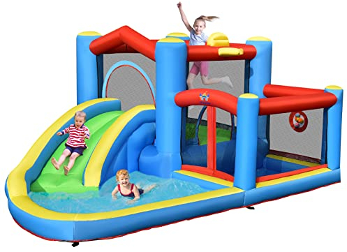 GOPLUS Aufblasbare Hüpfburg mit Rutsche, Sprungbereich, Bällebad, Dartspiel, Basketballring, für Innen- und Außenbereiche, für 3 Kinder von 3 bis 12 Jahren, 410x310x191 cm (Meer, Ohne Gebläse)