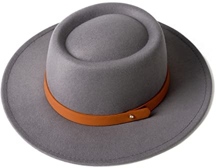 EOGIMI Fedora Floppy Pork Pie Hut mit breiter Krempe und Gürtelschnalle, Retro, hellgrau, Medium