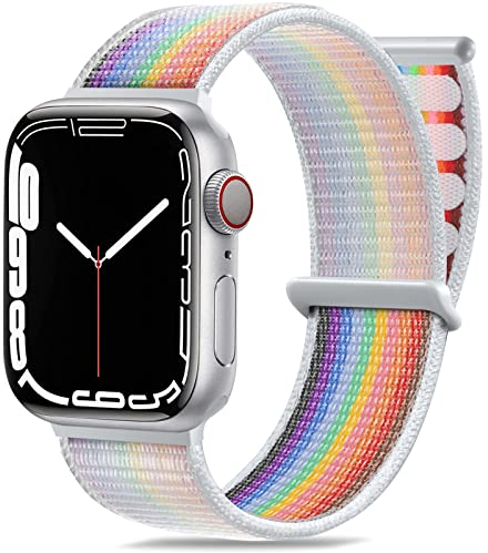 Maledan Cinturino Nylon Compatibile con Apple Watch 42mm 44mm 45mm 49mm 40mm 41mm, Regolabile per iWatch Series 9 8 7 6 5 4 3 SE, Bianco Arcobaleno