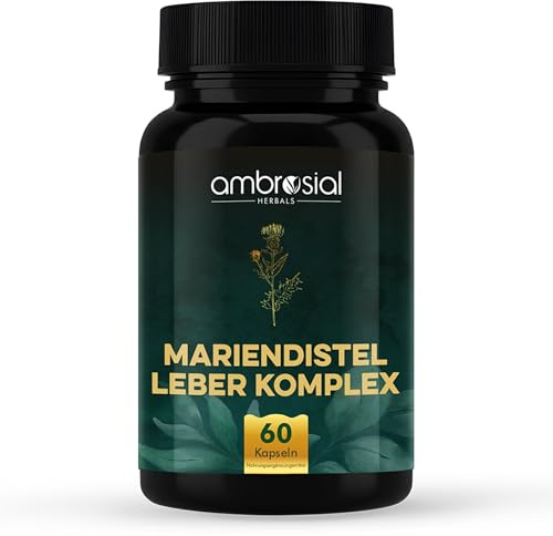 Mariendistel Leber Kur hochdosiert | 200mg Mariendistel Kapseln mit Kurkuma, Ingwer, Löwenzahn Silyamrin | 11 Kräuter Extrakte | Vorrat für 2 Monate | Milk Thistle | 60 vegane Kapseln | Ambrosial