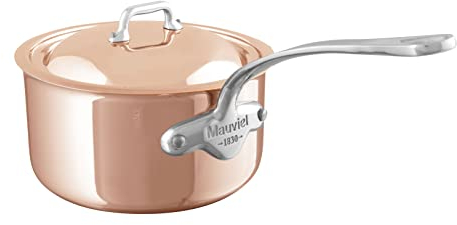 Mauviel 1830 M'6S Sauteuse 6 plis en cuivre poli et acier inoxydable avec couvercle, et poignées en fonte d'acier inoxydable, convient à tous les types de poêles, 3,4 l, fabriquée en France