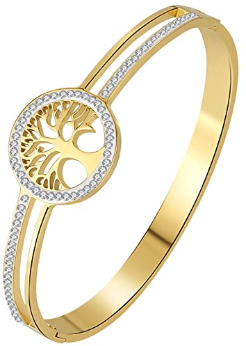 OIDEA Damen Armband, Lebensbaum Baum des Lebens Armreif, Innendurchmesser 17.5 cm aus Edelstahl mit Geschenkbox & Karte, Gold