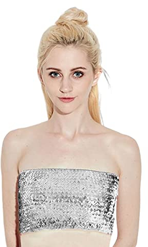 Damen Pailletten Jahre Top, Sparkly trägerlose Rentenpunkte für Party-Clubbekleidung, nicht gepadste dehnbare Bralette Shiny Bandeau Bra Top für Performance-Kostüm