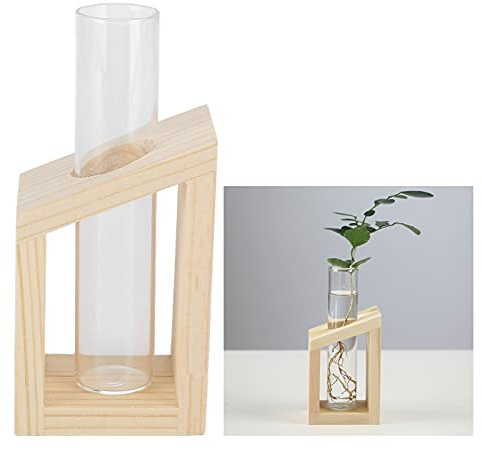 BEIJIALY Hydroponic Plants Test Tube, Wooden frame Glass Test Tube Vase Tabletop Planter Propagation Station, Air Planter Tube Vase for Home Office Decoration(single tube hydroponics)