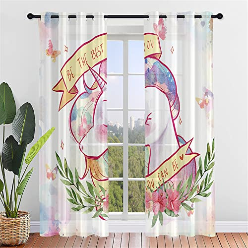 Hiseng Voile Vorhänge mit Ösen Durchsichtig Halbtransparent Ösenvorhang für Fenster Wohnzimmer Schlafzimmer Einhorn Druck Moderne Elegante Transparent Gardine 2er Set (132x182cm,Frühlingsblumen)