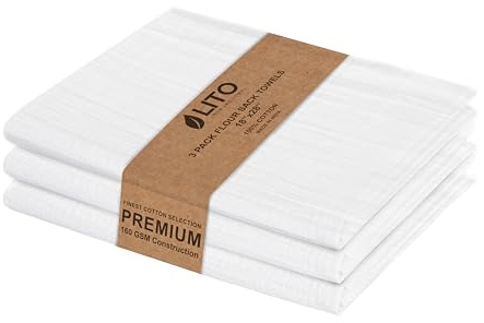 LITO LINEN AND TOWEL Flour Sack Towels - 100% Cotton Tea Towels for Crafts, Dish Towels for Kitchen, Embroidery, Cleaning, Baking (Pack of 3) - 18x 28