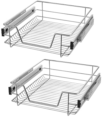 SUBTLETY Teleskopschublade Küchenschrank Organizer aus Metall Küchenschublade Korbauszug mit Führungsschienen Ausziehbare Schrankauszug Schubladeneinsätze für 50cm Breite Küchenschrank (2 Stück)