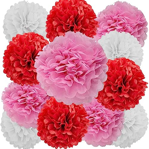 We Moment Zone Pompons en Papier de Soie, 12 Pièces, Fleur Pompon Rouge Rose Blanc, Boule de Fleur en Papier pour Fête et Mariage